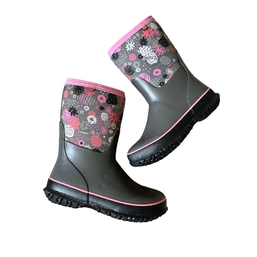 Bogs Stomper‎ Garden Winter Boots Toddlers Size 3 Youth Gray Rubber Rain Snow